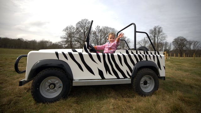 Girl sat in mini car at the Little Ranger Rovers new attraction at Woburn Safari Park