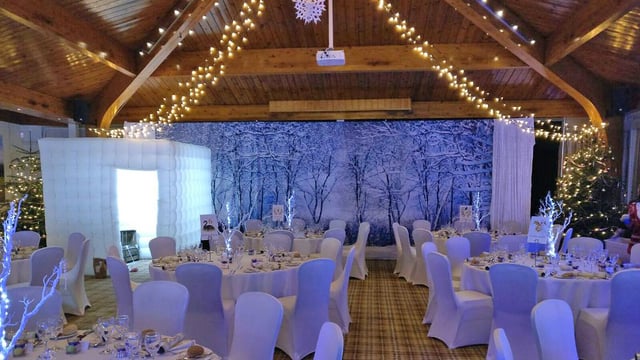 Winter woodland style of Christmas Decorations inside The Safari Lodge at Woburn Safari Park