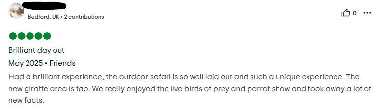 TripAdvisor 5 star review of Woburn Safari Park