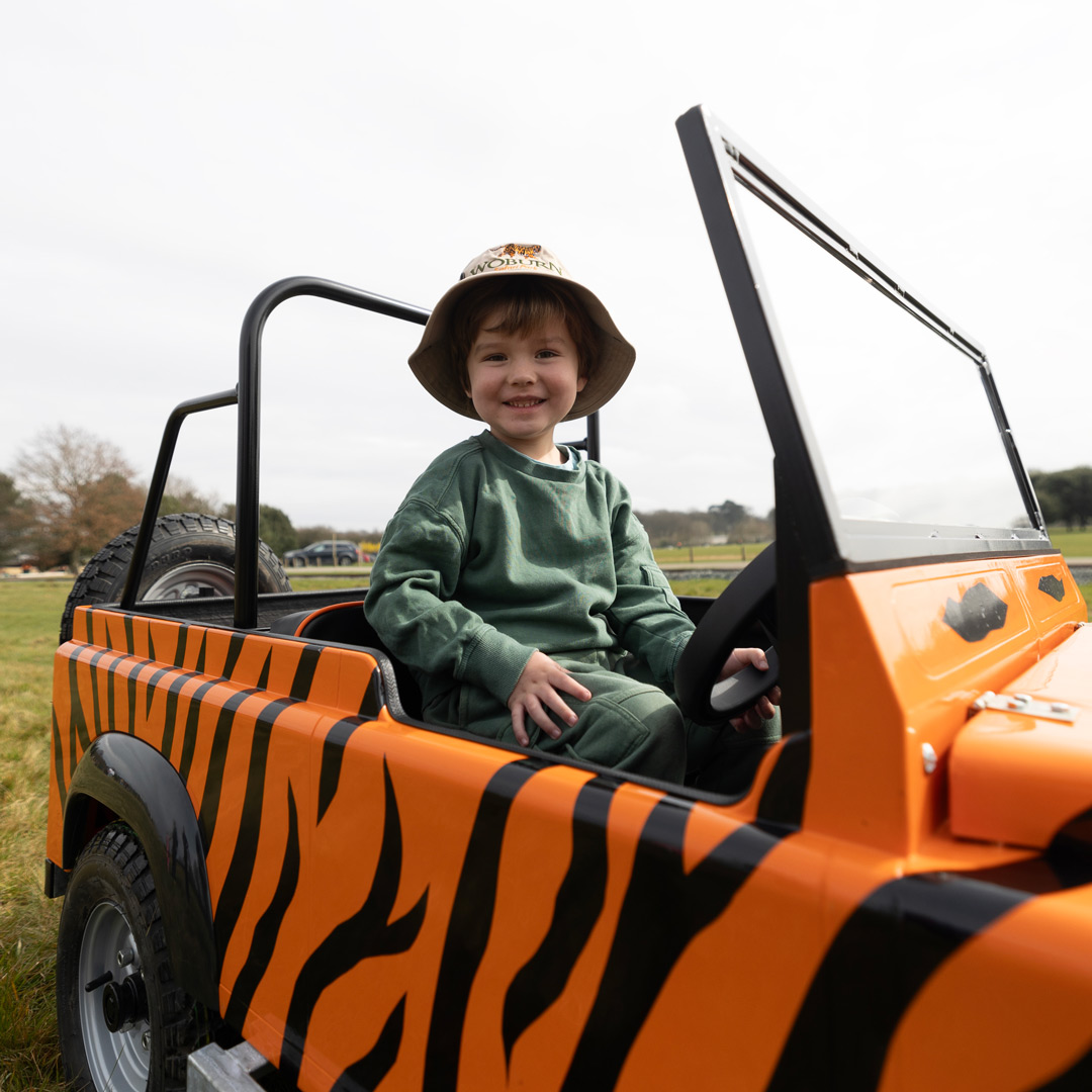Young boy smiling, sitting in a Little Ranger Rover car at Woburn Safari Park